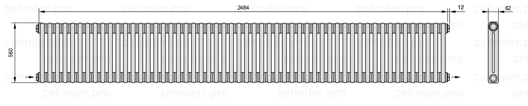Схема (чертеж) Радиатор Zehnder Charleston 2056/54 №2670 Белый глянцевый RAL 9016